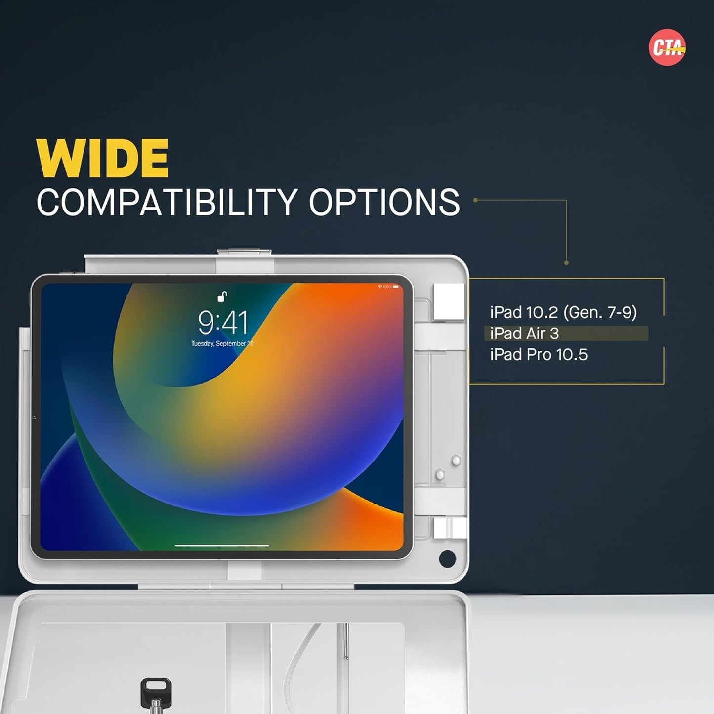 Dual Kiosk Stand – CTA Security Stand With Locking Case, Cable, Stylus And Tether – Compatible With Headphone Jack, IPad 7th/ 8th/ 9th Gen 10.2”, IPad Pro 10.5 (PAD-ASKW10) – White.