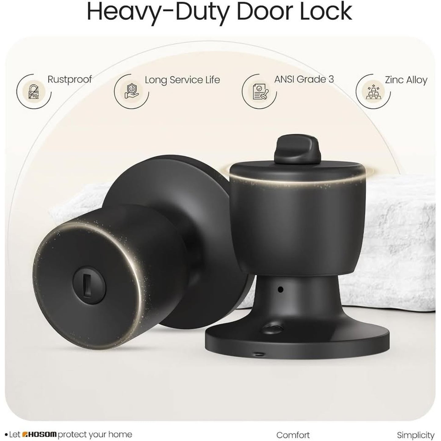 HOSOM Privacy Door Knob With Lock, Matte Black Door Knob Set Door Handles-Black