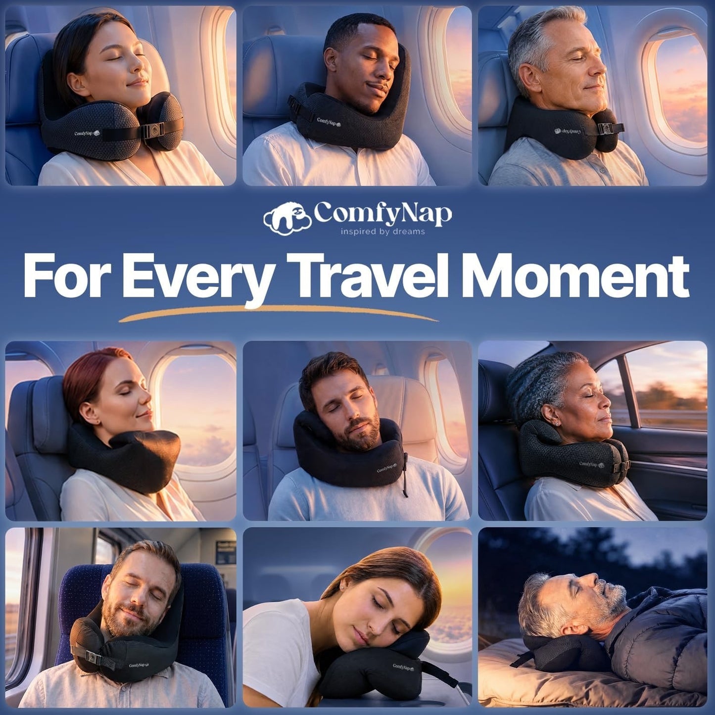 ComfyNap® Versatile Travel Neck Pillow For Airplane [Patented], 9 Positions In 3 Techniques, Plane Pillow With Pure Memory Foam, Travel Pillow With HeadRest Flight Sleep, Travel Essential - Mercury.