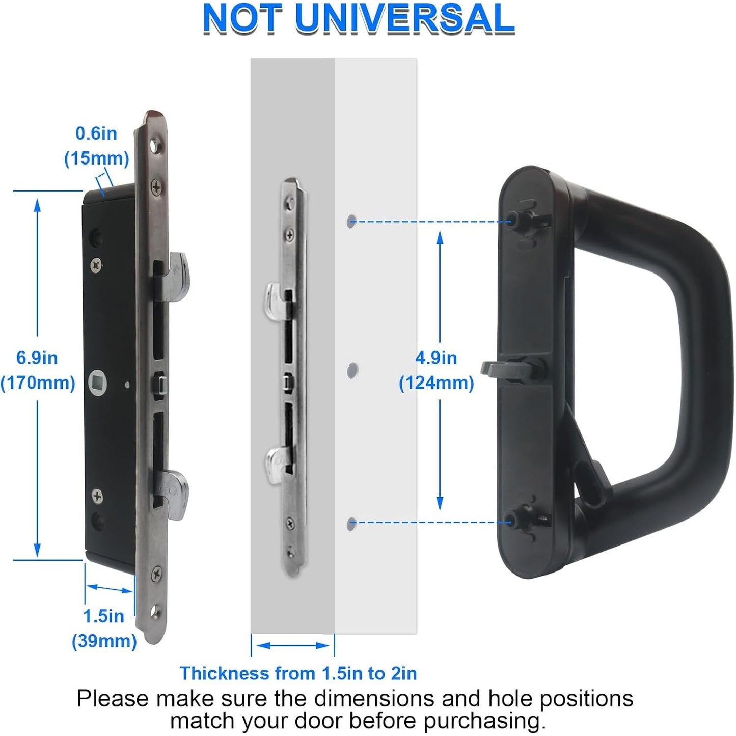 ALLYWASAI Sliding Patio Door Handle Set With Mortise Lock, Suitable For Sliding Glass Patio Door Thickness From 1.5in To 2in, 4-15/16" Screw Holes, Need To Drill, Reversible Design, Keyed, Black