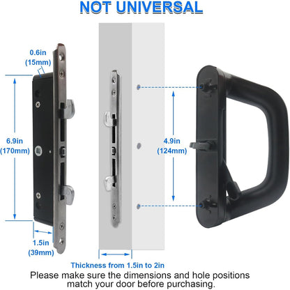 ALLYWASAI Sliding Patio Door Handle Set With Mortise Lock, Suitable For Sliding Glass Patio Door Thickness From 1.5in To 2in, 4-15/16" Screw Holes, Need To Drill, Reversible Design, Keyed, Black