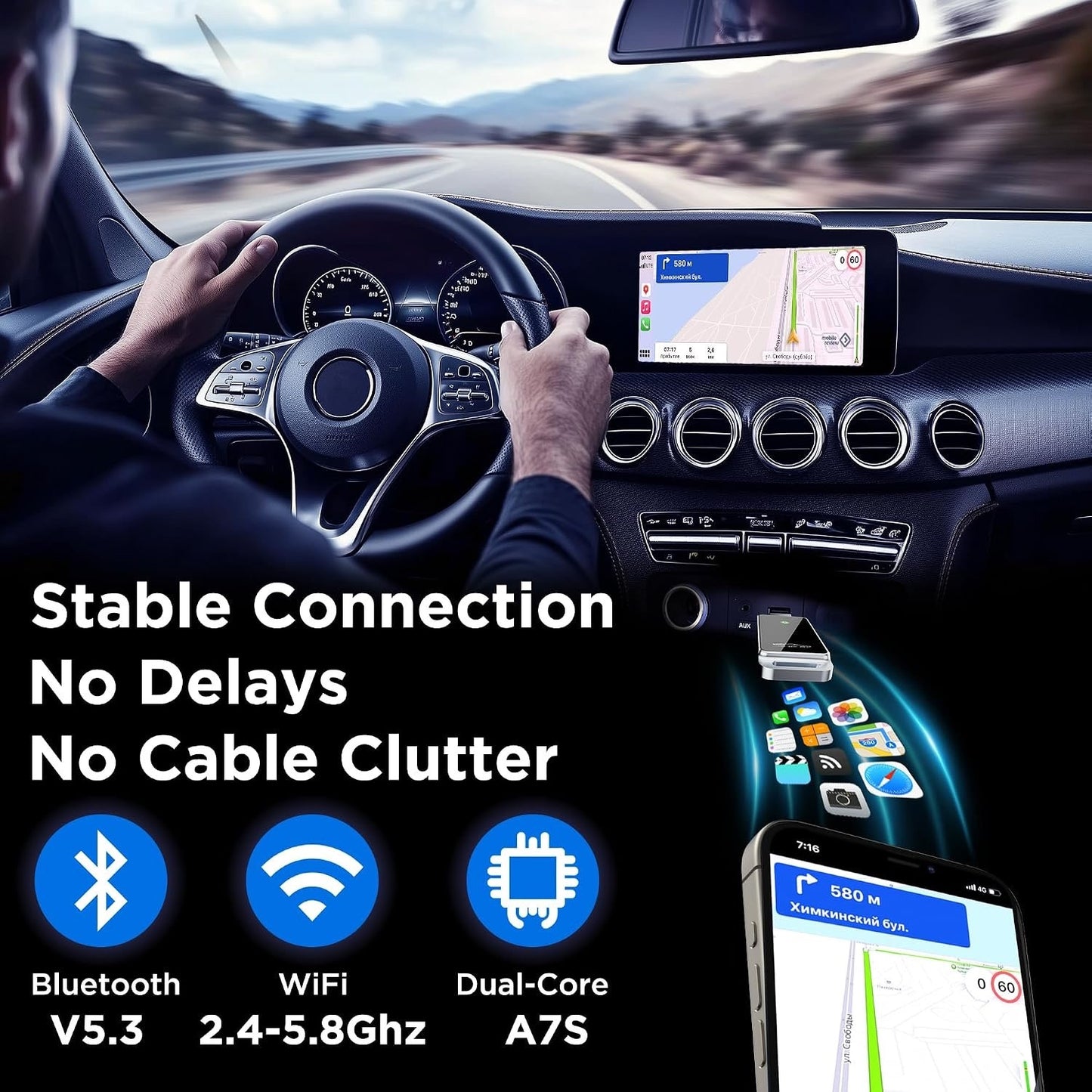 Vnilrgle Wireless CarPlay Adapter 2024 Upgrade, Plug And Play, No Latency, Converts Factory Wired To Wireless, Compatible With IPhone 6+ And 2015+ Cars, Bluetooth 2.4GHz And Wi-Fi 2.4+5.8GHz