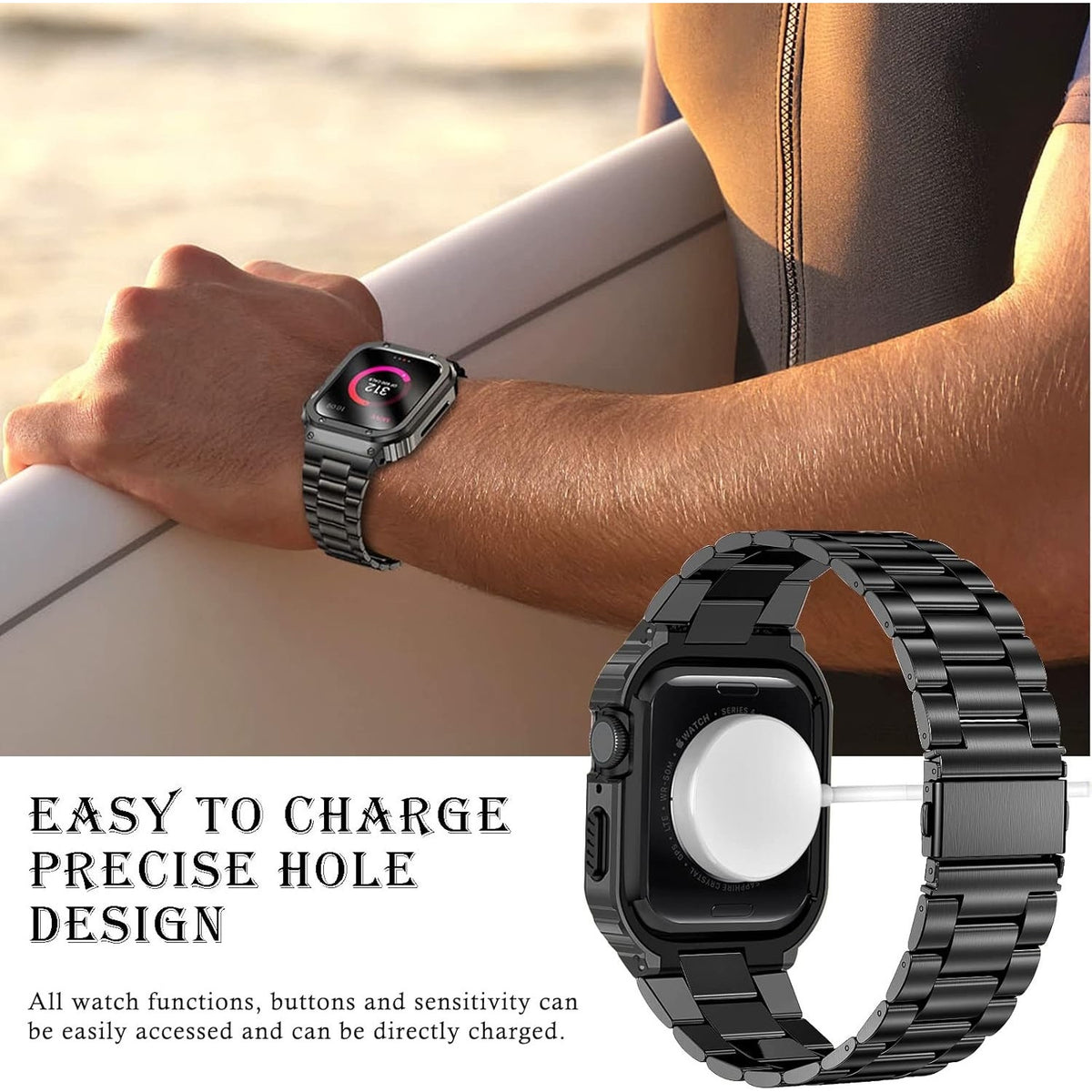 MioHHR Stainless Steel Band and Case Compatible with Apple Watch Band 45mm, Men