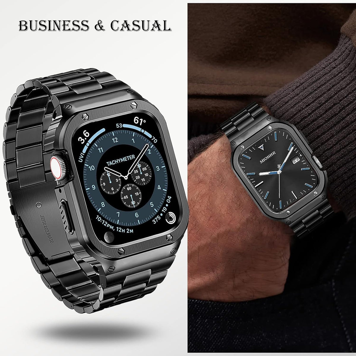 MioHHR Stainless Steel Band and Case Compatible with Apple Watch Band 45mm, Men