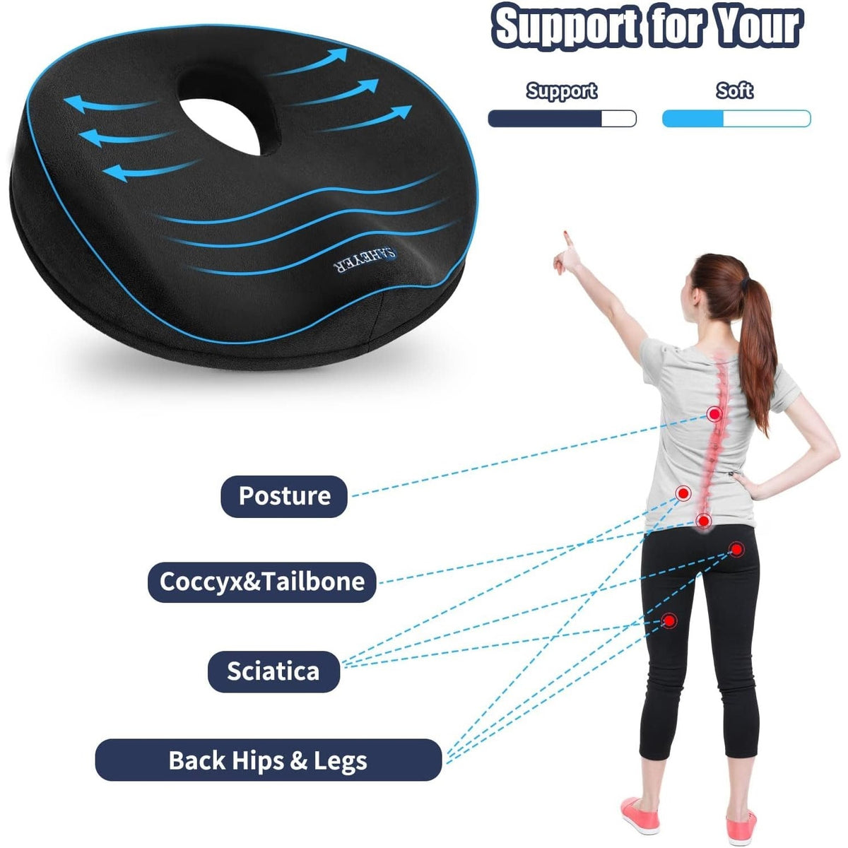 Donut Pillow for Tailbone Pain Relief and Hemorrhoids, Memory Foam Donut,Black