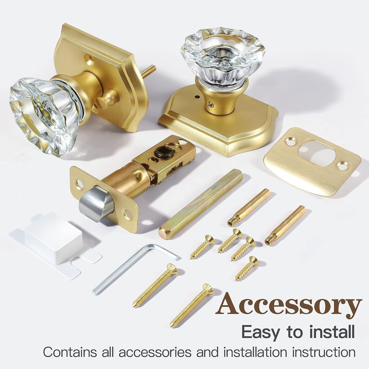 Premium Glass Door Knobs, Bathroom Bedroom Door Knobs with LocPrivacySatin Brass