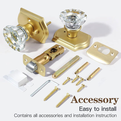 Premium Glass Door Knobs, Bathroom Bedroom Door Knobs with LocPrivacySatin Brass