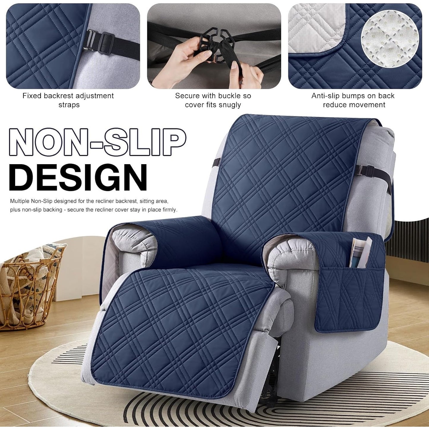 TAOCOCO 100% Waterproof Recliner Chair Cover, Non Slip(23.6'', Navy Blue)
