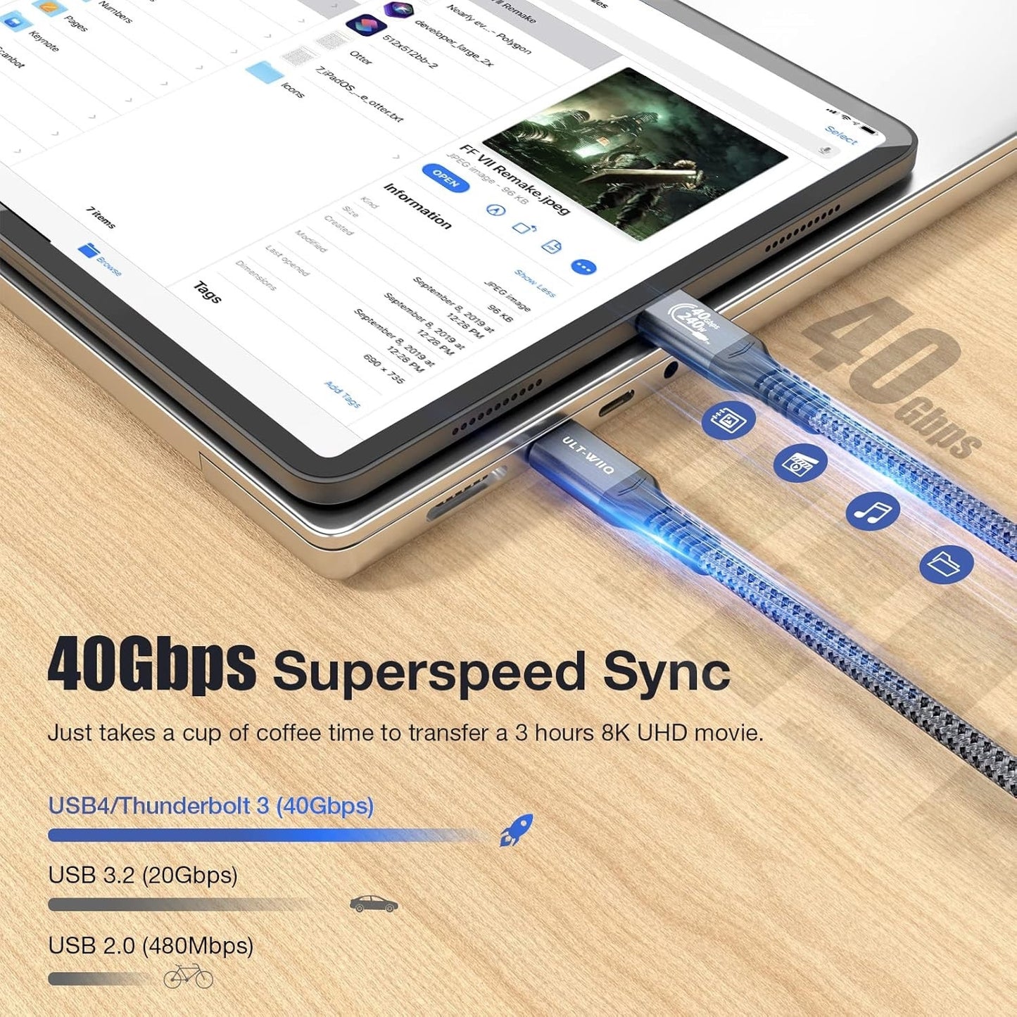 USB 4 Cable For Thunderbolt 4, 240W USB C To USB C Fast Charging, 8K/6K@60Hz Vid