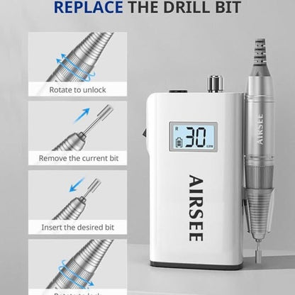 AIRSEE Rechargeable 30000RPM Electric Nail Drill Professional Portable-White