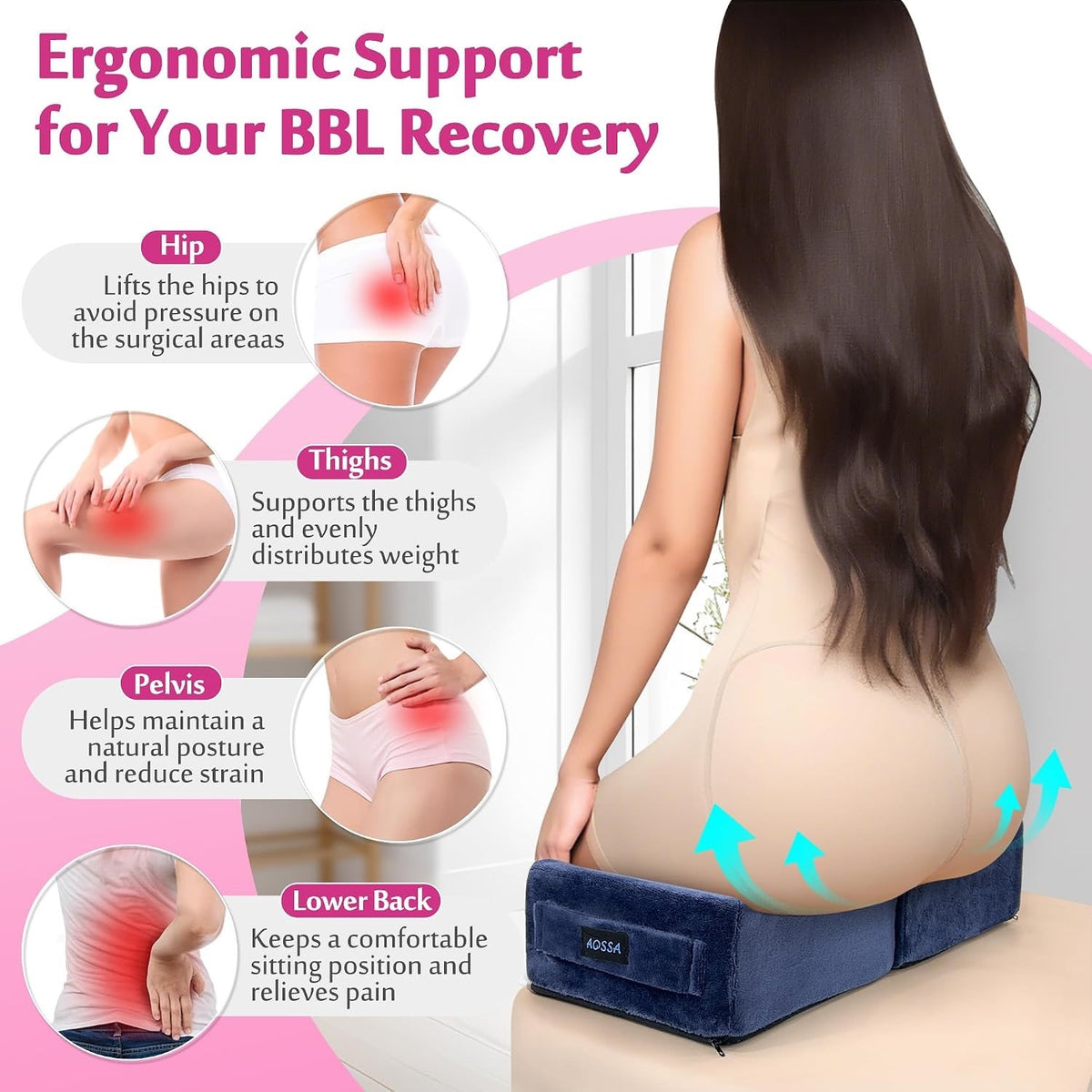 AOSSA BBL Pillow Brazilian Butt Lift Pillow After Surgery Seat Cushion (Blue)