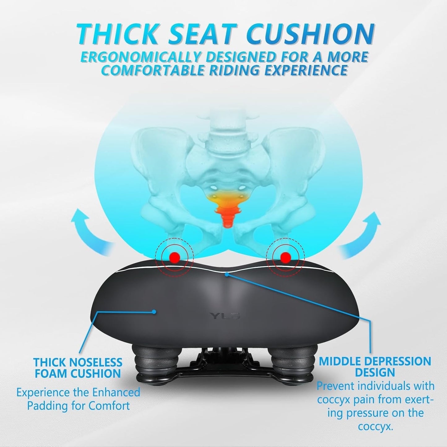 YLG Noseless Bike Seat For Men Women, Comfort Seat Cushion Compatible With Peloton, Electric Bike, Outdoor & Indoor Bikes, Wide Bicycle Saddle Replacement, Waterproof Bike Seat (Silver Noseless 10").
