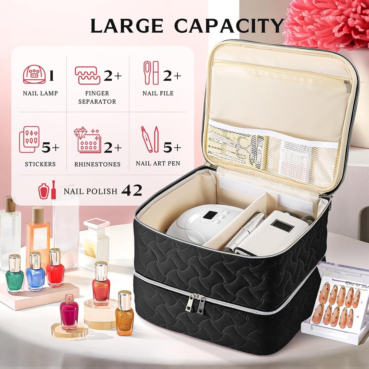 DreamGenius Nail Polish Organizer Case Holds 42 Bottles, Portable Double-Layer Nail Polish Storage