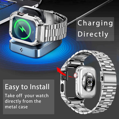 MioHHR Stainless Steel Band And Case Compatible With Apple Watch Band 46mm Series 11 10, Men Metal Protective Bumper Cover For IWatch 46mm Series 11/10, Silver.