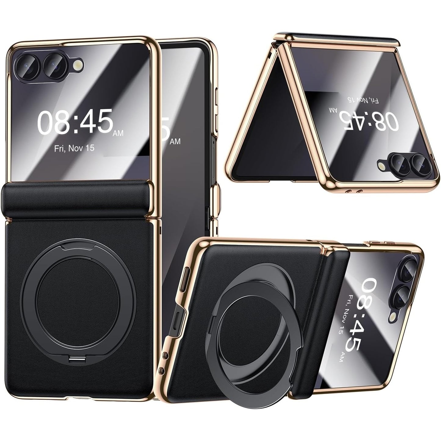 YOOVEI For Galaxy Z Flip 6 Case Luxury Leather With Screen Protector [Hinge Protection],Fit For Magsafe,Magnetic Kickstand & Ring Holder For Samsung Z Flip 6 Case Black.