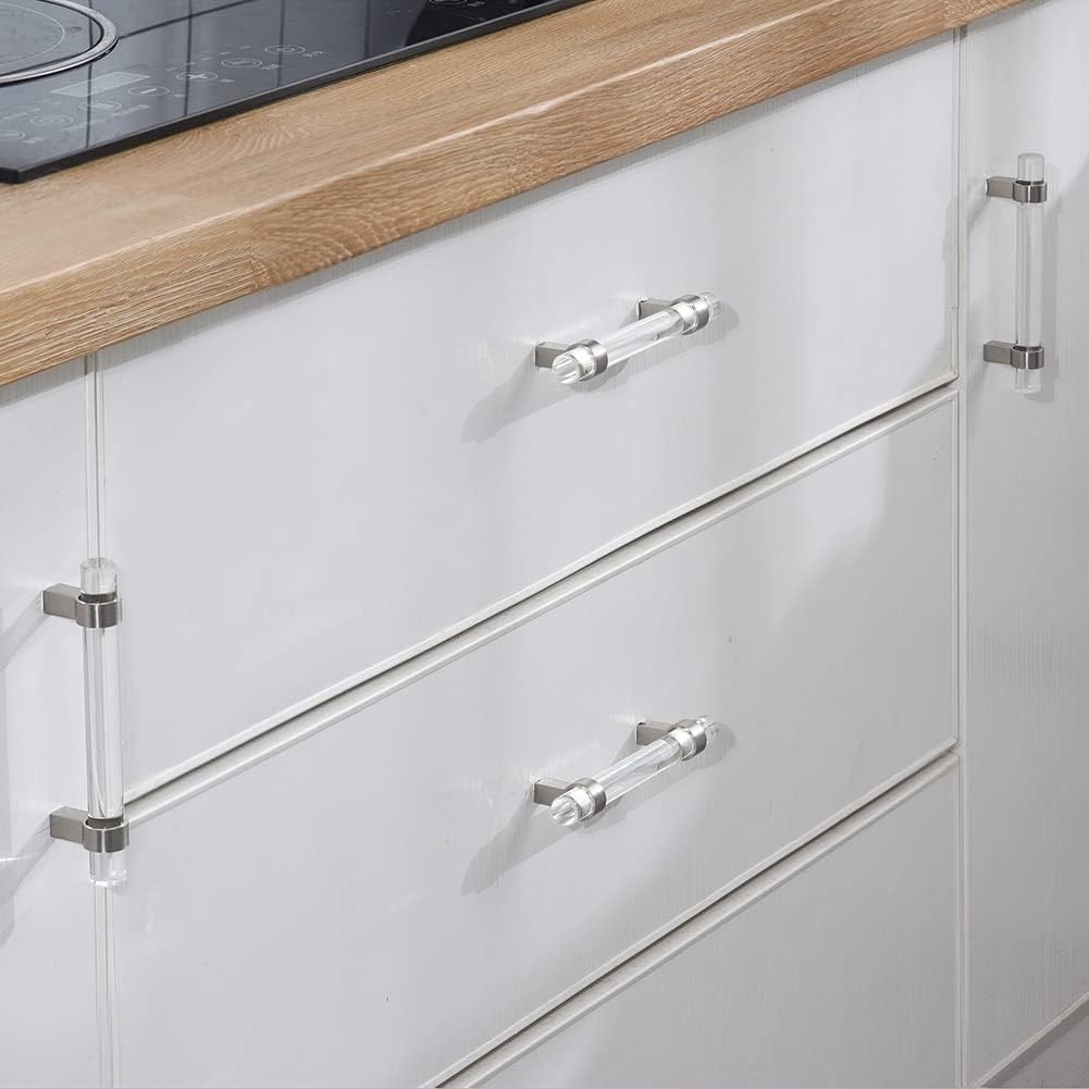 BonKuDoo 4 Pack Glass Drawer Pulls, Cabinet Handles, Crystal Dresser Pulls(3 Inch Hole Center), Brushed Nickel