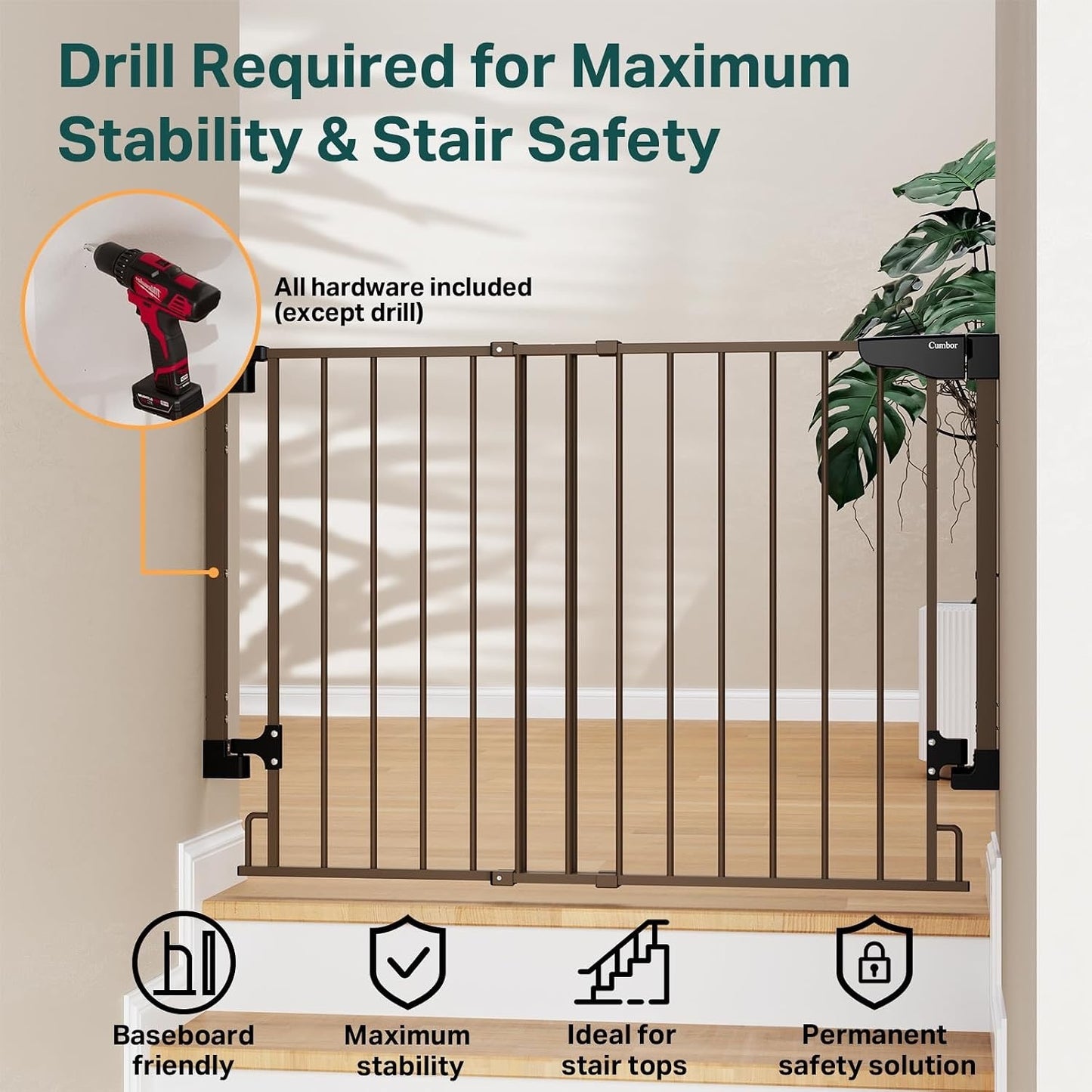 Cumbor 29.2–43" Baby Gate for Stairs, Hardware Mounted (Drill Required) (Brown)