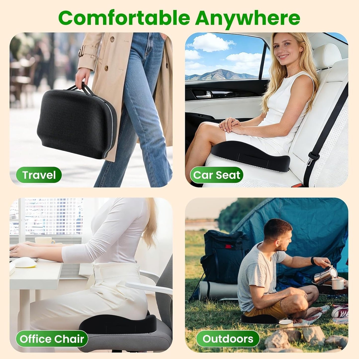 A-Pce Foldable Travel Seat Cushion-With Built-In Handles?Memory Foam Cushions For Relief Of Lower Back, Sciatic, Butt And Tailbone Pain-For Home & Office Use, Perfect For Travel Or Driving-Black