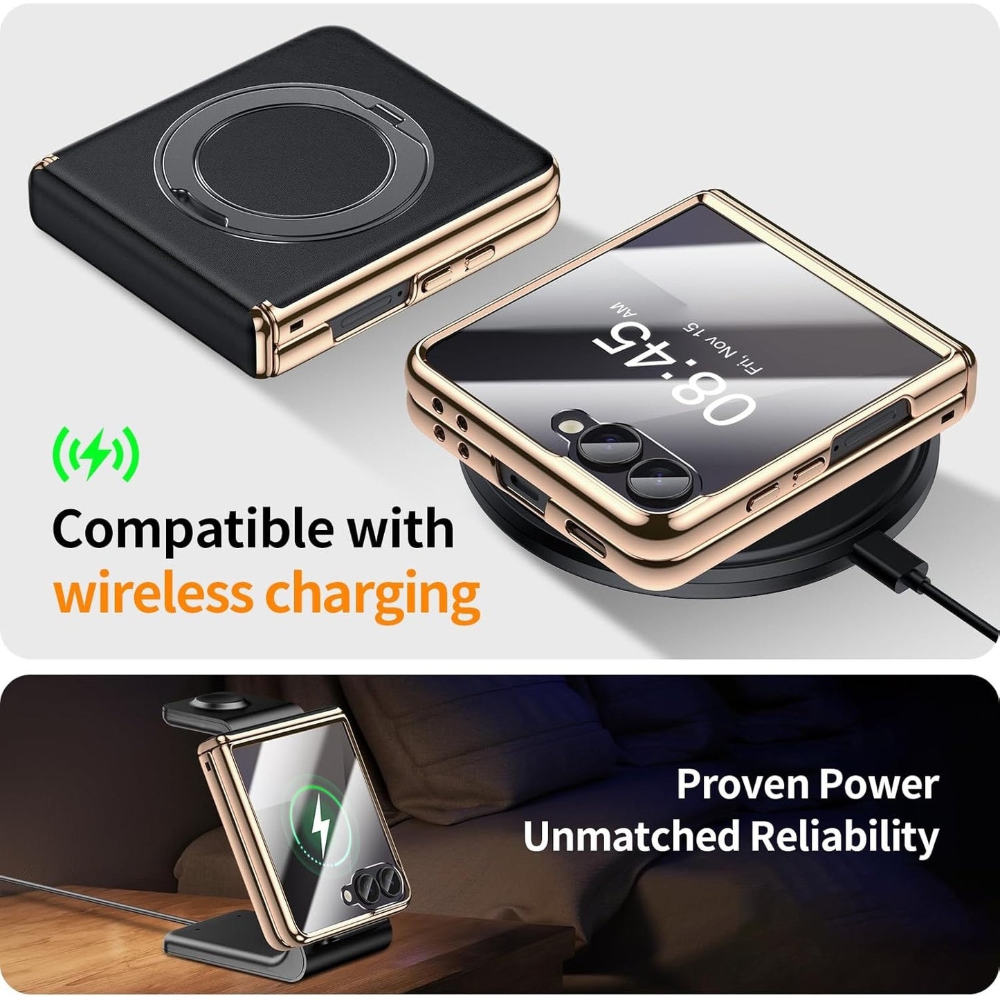 YOOVEI For Galaxy Z Flip 6 Case Luxury Leather With Screen Protector [Hinge Protection],Fit For Magsafe,Magnetic Kickstand & Ring Holder For Samsung Z Flip 6 Case Black.
