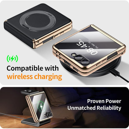 YOOVEI For Galaxy Z Flip 6 Case Luxury Leather With Screen Protector [Hinge Protection],Fit For Magsafe,Magnetic Kickstand & Ring Holder For Samsung Z Flip 6 Case Black.