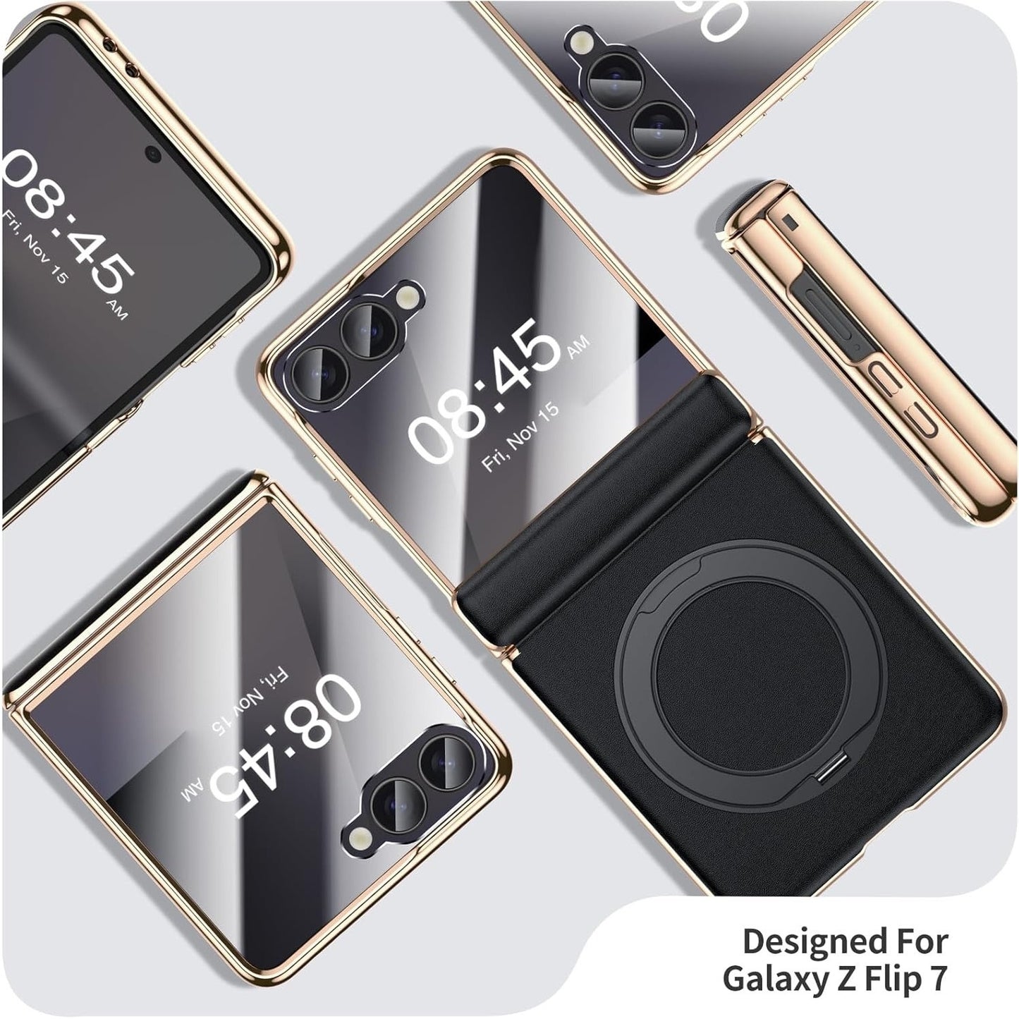 YOOVEI For Galaxy Z Flip 6 Case Luxury Leather With Screen Protector [Hinge Protection],Fit For Magsafe,Magnetic Kickstand & Ring Holder For Samsung Z Flip 6 Case Black.