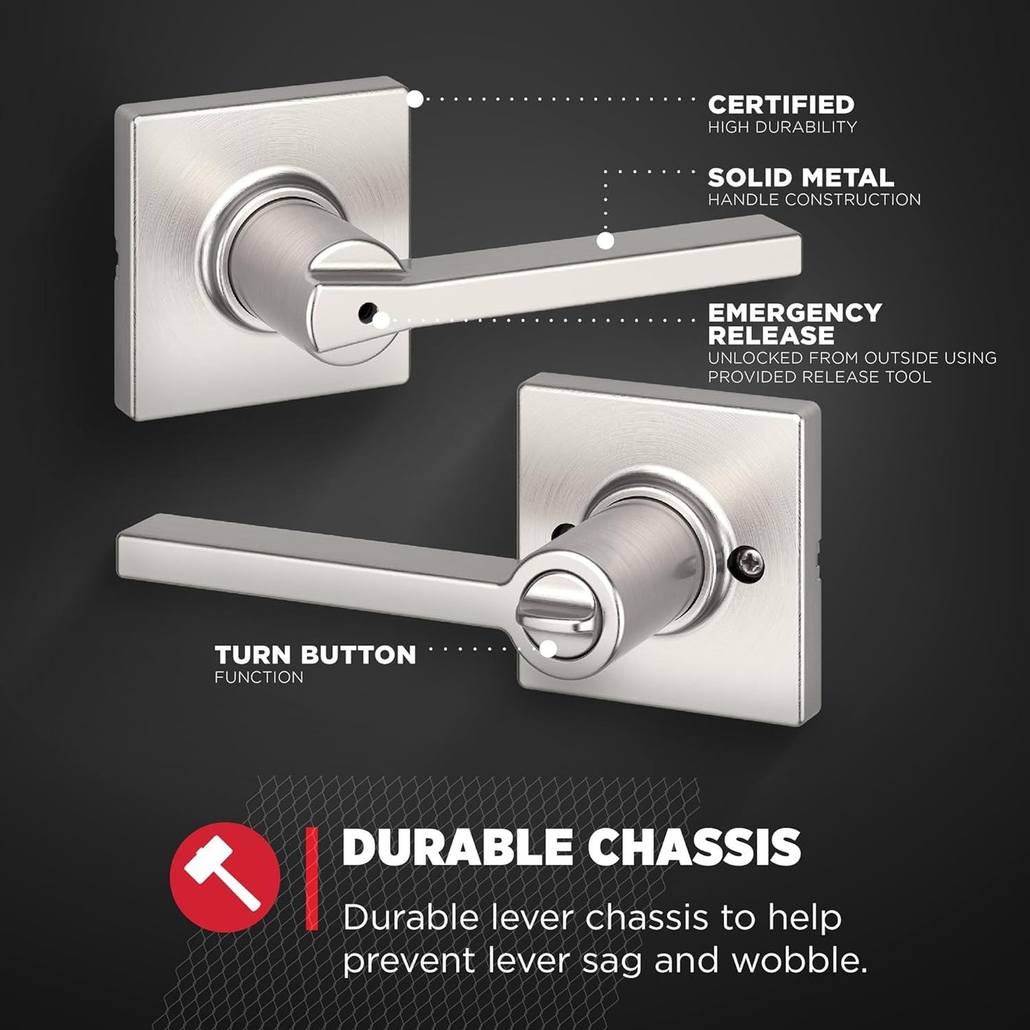 Kwikset Casey Interior Privacy Door Handle With Lock, Door Lever For Bathroom And Bedroom, Satin Nickel Reversible Keyless Turn Lock, With Microban Protection.