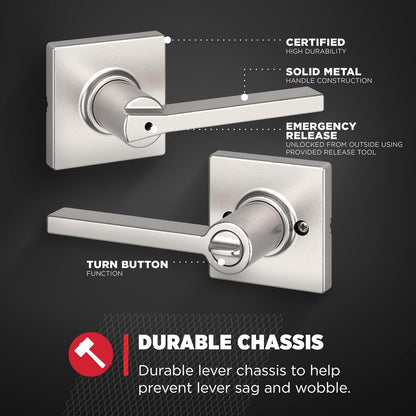 Kwikset Casey Interior Privacy Door Handle With Lock, Door Lever For Bathroom And Bedroom, Satin Nickel Reversible Keyless Turn Lock, With Microban Protection.