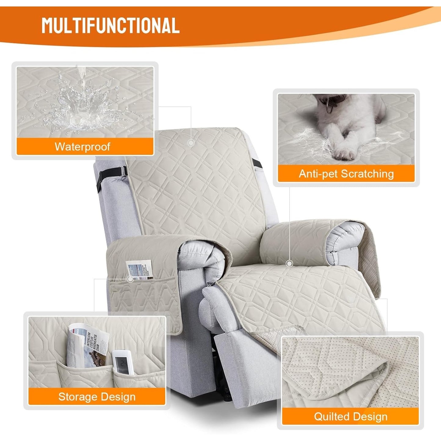 VANSOFY 100% Waterproof Recliner Chair Covers, Recliner Cover Non-Slip Dog Chair Cover Furniture Protector Washable Slipcover With Pocket, Elastic Straps For Pets, Dogs(Beige, 23.6")