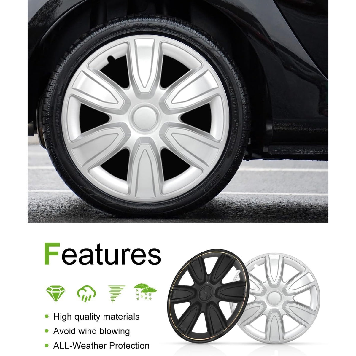 SCITOO Silver 15 Inch Hubcaps Universal Wheel Covers Easy Installation, PP(SET 3