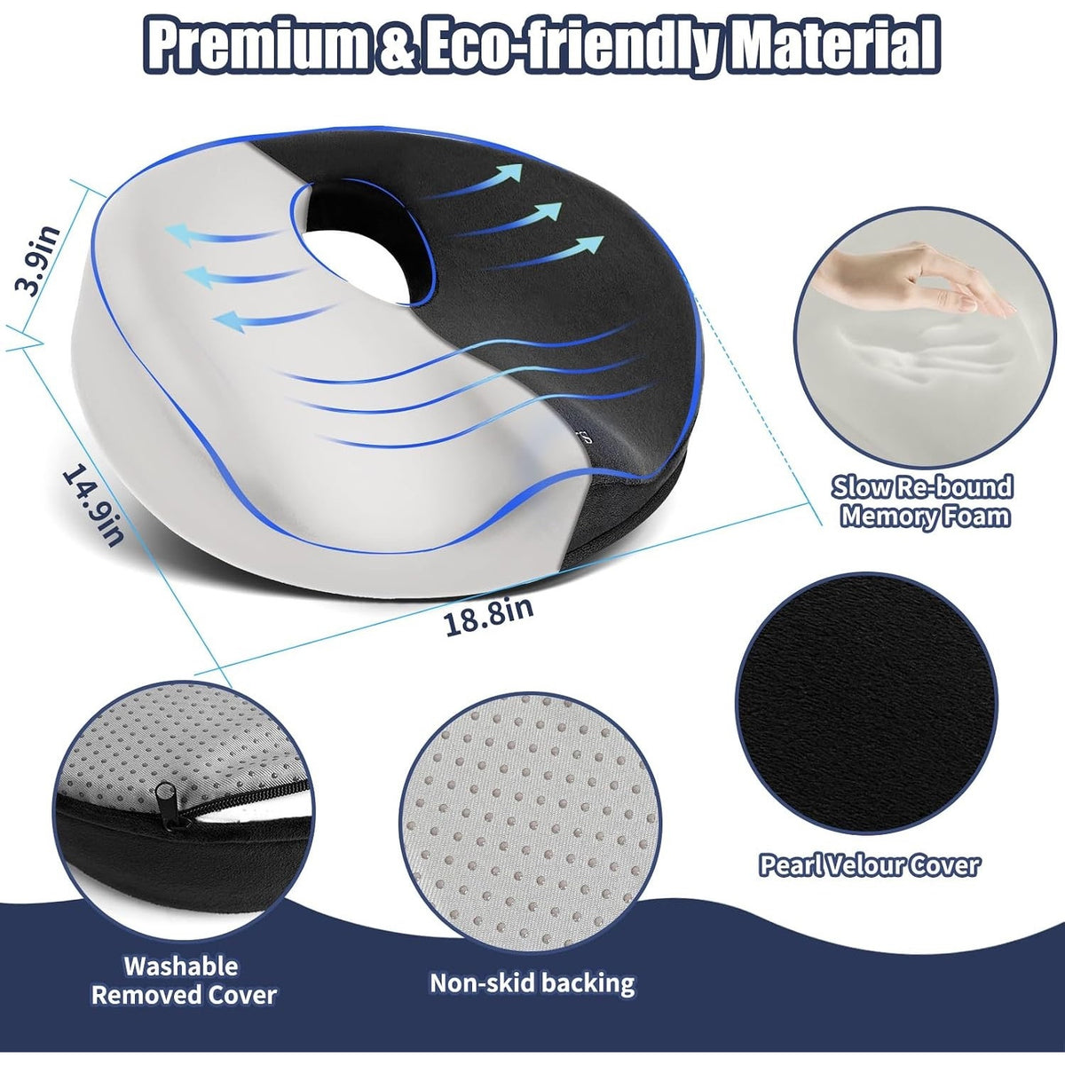 Donut Pillow for Tailbone Pain Relief and Hemorrhoids, Memory Foam Donut,Black