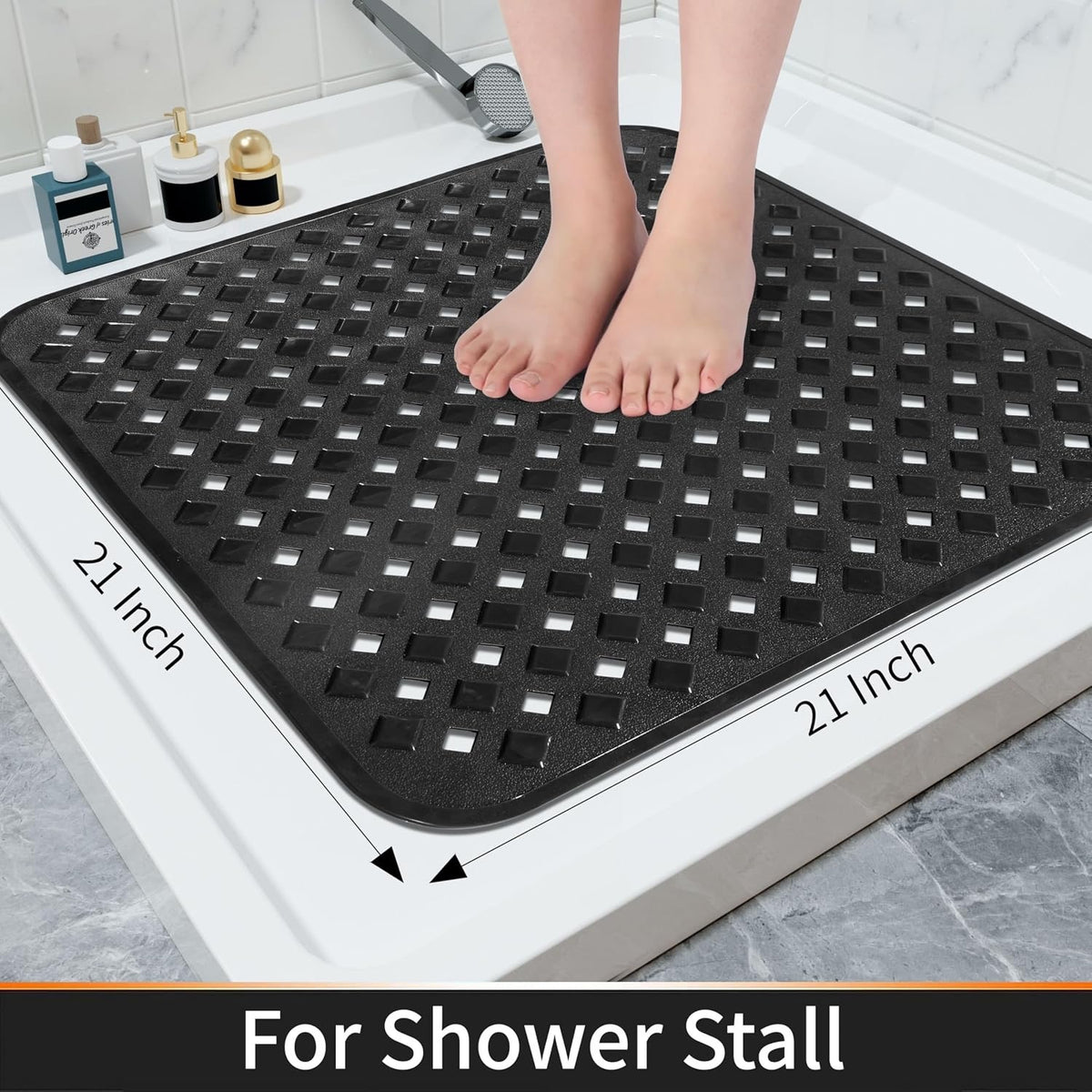 Yimobra Square Shower Mat Non Slip, Super Strong Suction Cups, 21"X21",Black