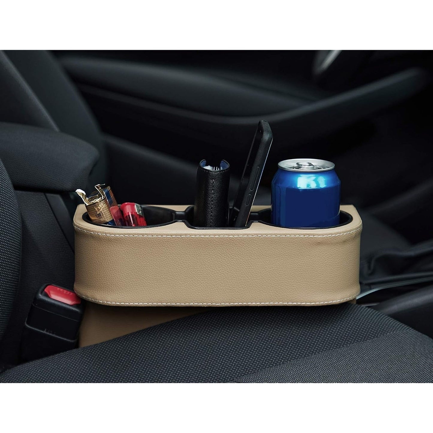 IOKONE Coin Side Pocket Console Side Pocket Leather Cover Car Cup Holder Auto Front Seat Organizer Cell Mobile Phone Holder (Beige with Yellow Undertone)