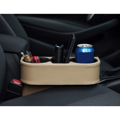 IOKONE Coin Side Pocket Console Side Pocket Leather Cover Car Cup Holder Auto Front Seat Organizer Cell Mobile Phone Holder (Beige with Yellow Undertone)