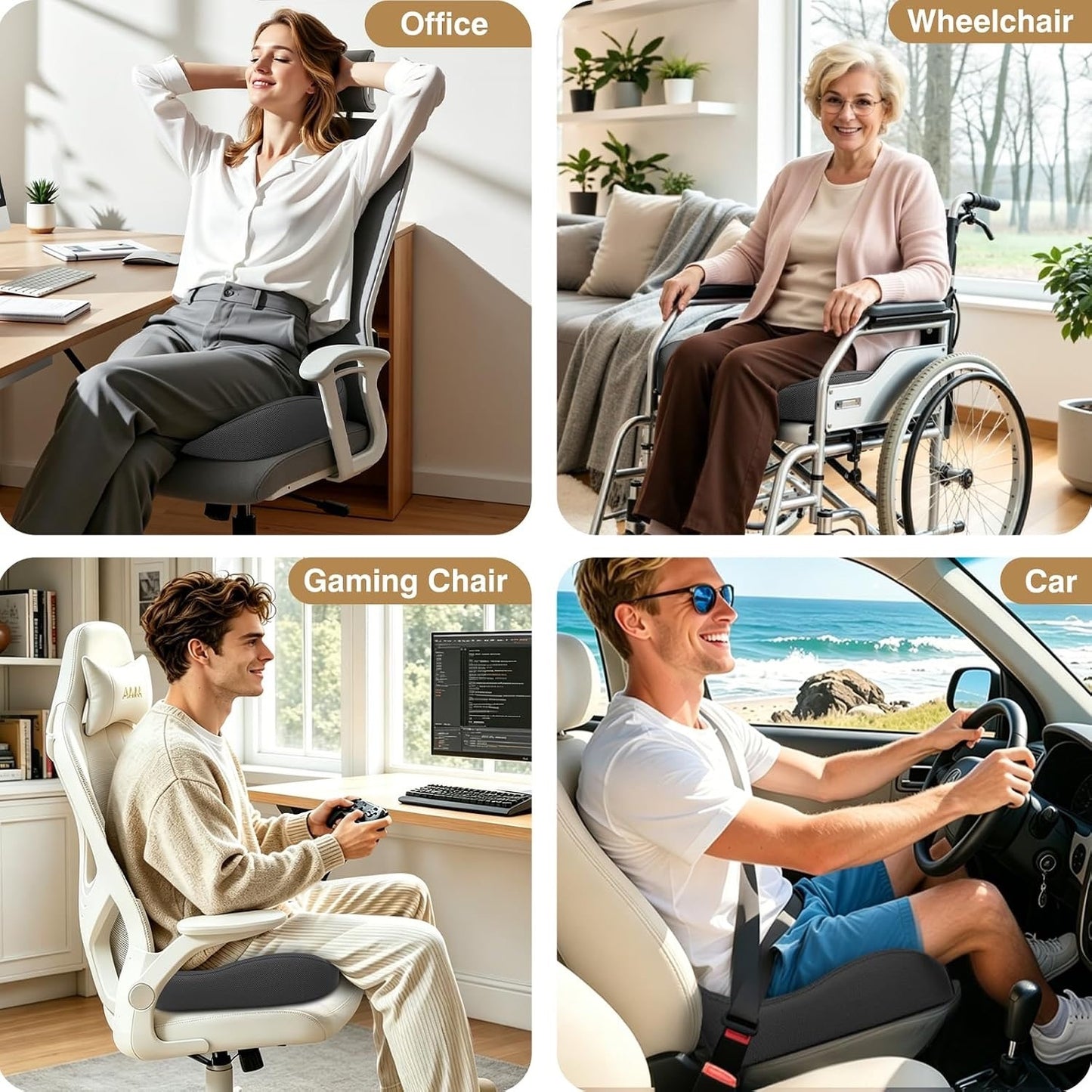TushGuard Ergonomic Seat Cushion With Coccyx Cutout - 4-Zone Structure Office Chair Cushions For Tailbone Pressure Relief, Non-Slip Chair Pad With Washable Cover For Car, Office, Wheelchair, Grey