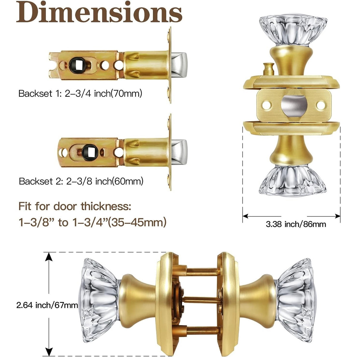 Premium Glass Door Knobs, Bathroom Bedroom Door Knobs with LocPrivacySatin Brass
