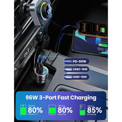 JOYROOM 66W Bluetooth 5.4 Car Adapter Aux With 3 Charging Ports?PD 30W & 2 * 18W??Air Vent Installation For Safe? Deep HiFi Bass Player Wireless Radio FM Transmitter For Car With Colorful LED Light.