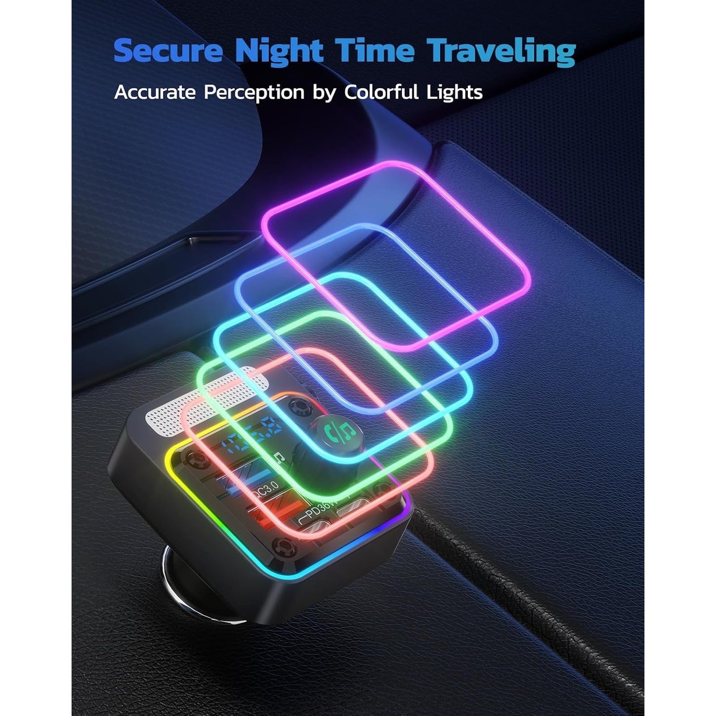 Nulaxy 54W Bluetooth 5.3 Car Adapter Charger 4-Port Fast Charging [PD36W & QC3.0 18W], Wireless Radio FM Transmitter With Deep Bass Player, 5 Colors LED Backlit, Hands-Free Calling, Support USB Drive.