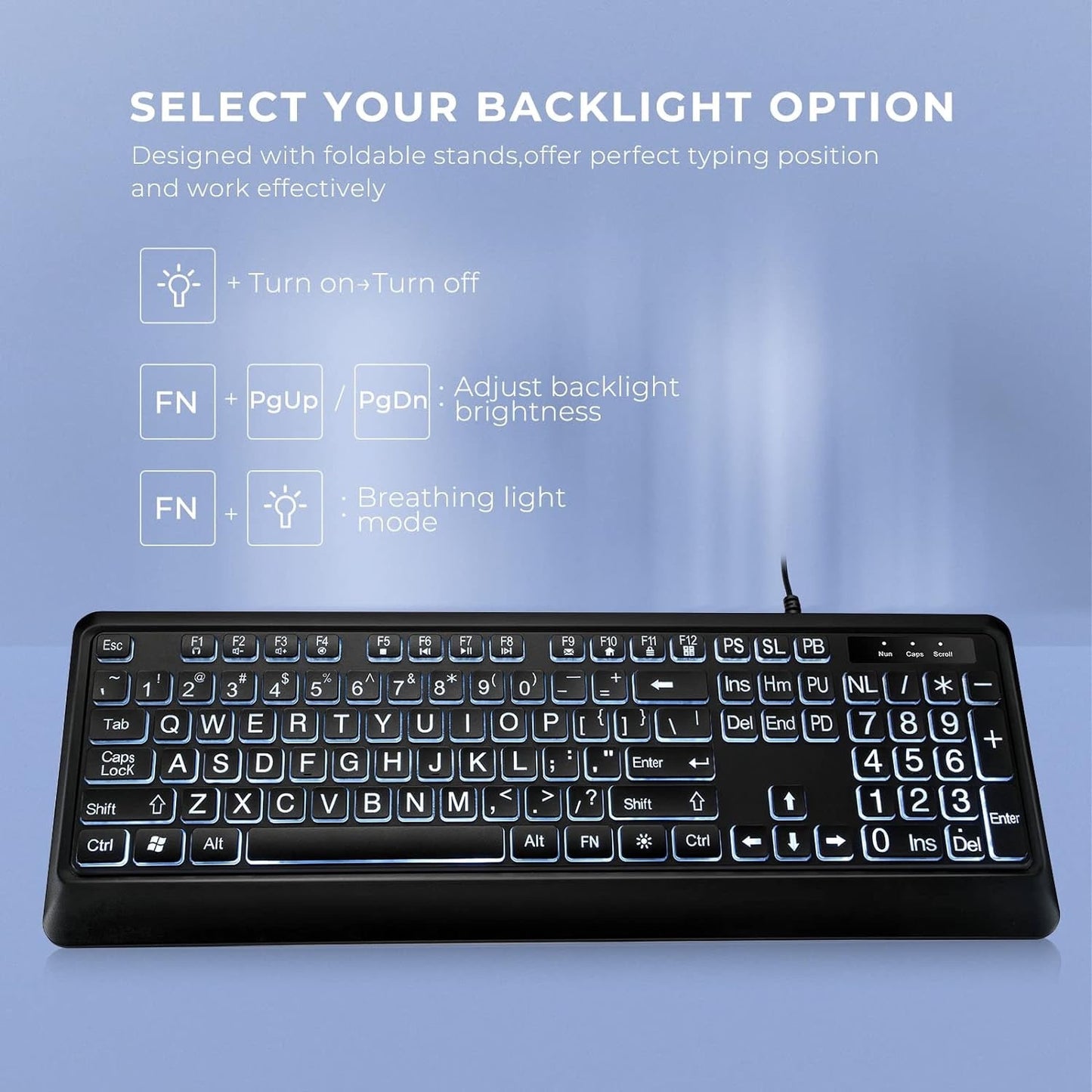 KOPJIPPOM Large Print Backlit Keyboard, USB Wired Computer Keyboard, Full Size Keyboard With White Illuminated LED Compatible For Windows Desktop, Laptop, PC, Gaming, Black