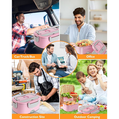 Eocolz Electric Lunch Box Food Heater 80-100W, Food Warmer With Dual Container 1.5L Portable Heated Lunch Box For Car Truck Work Stainless Steel Fork & Spoon 12/24/110V For Adults PINK