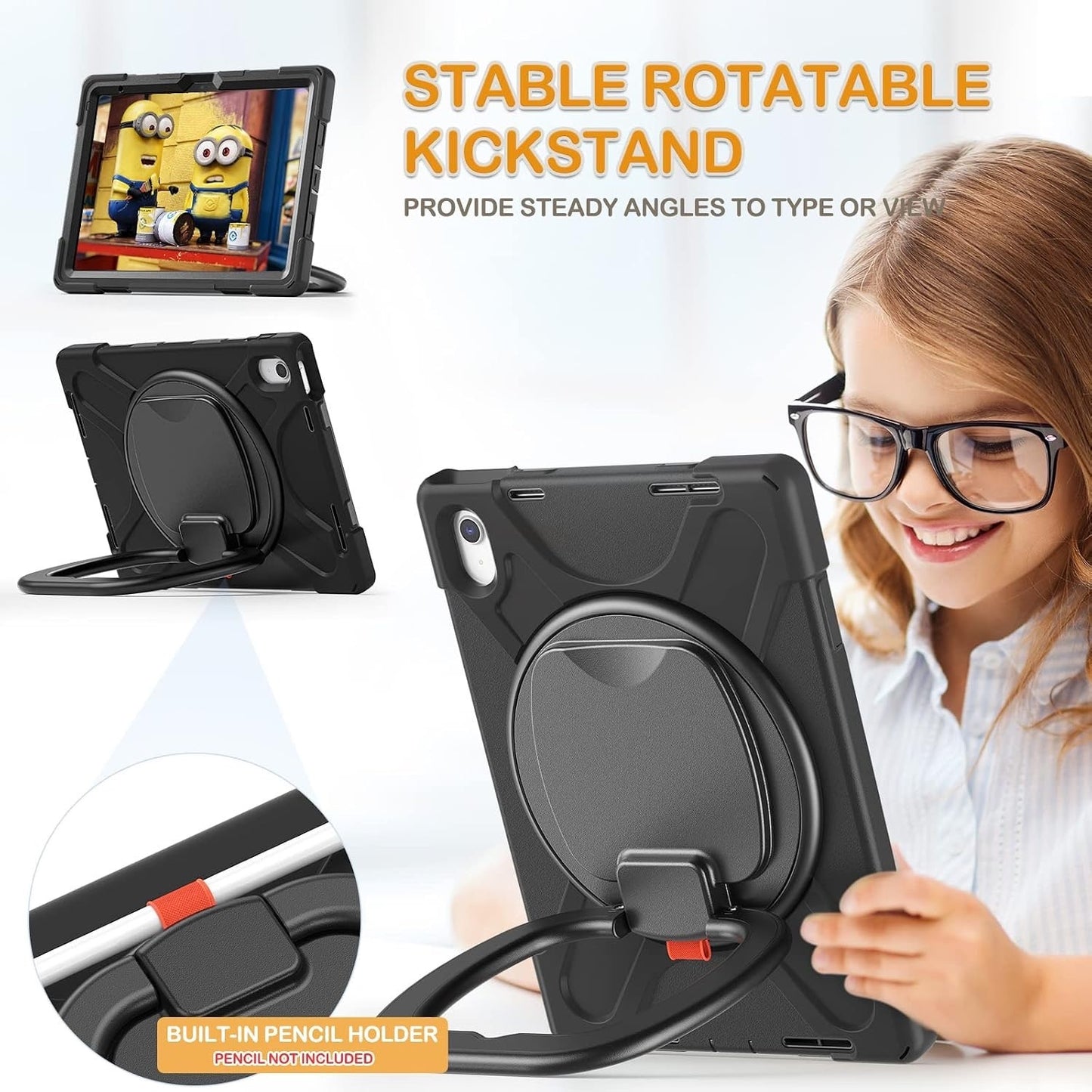 BRAECN Case For IPad (A16) 11th/10th Generation 11”/10.9'' 2025/2022, Protective Silicone Rugged With Screen Protector/Swivel Ring Stand/Stable Kickstand/Handle Grip/Shoulder Strap For Kids, Black.
