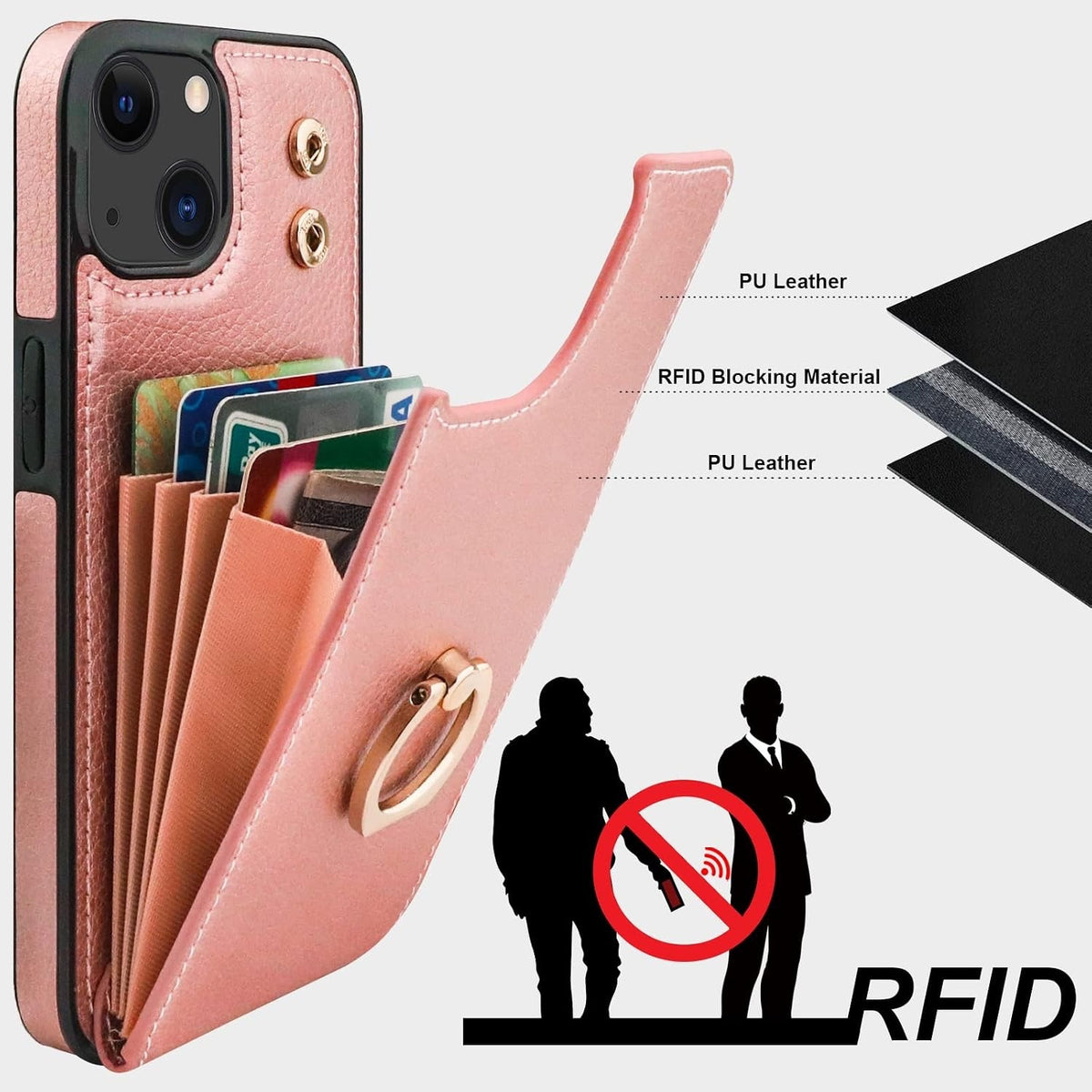 Folosu Compatible with iPhone 13 Case Wallet with Card Holder, 360°Rot Rose Gold