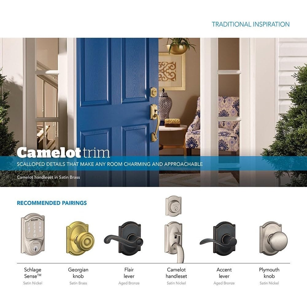 SCHLAGE F51A GEO 608 CAM Georgian Knob With Camelot Trim Keyed Entry Lock, Satin