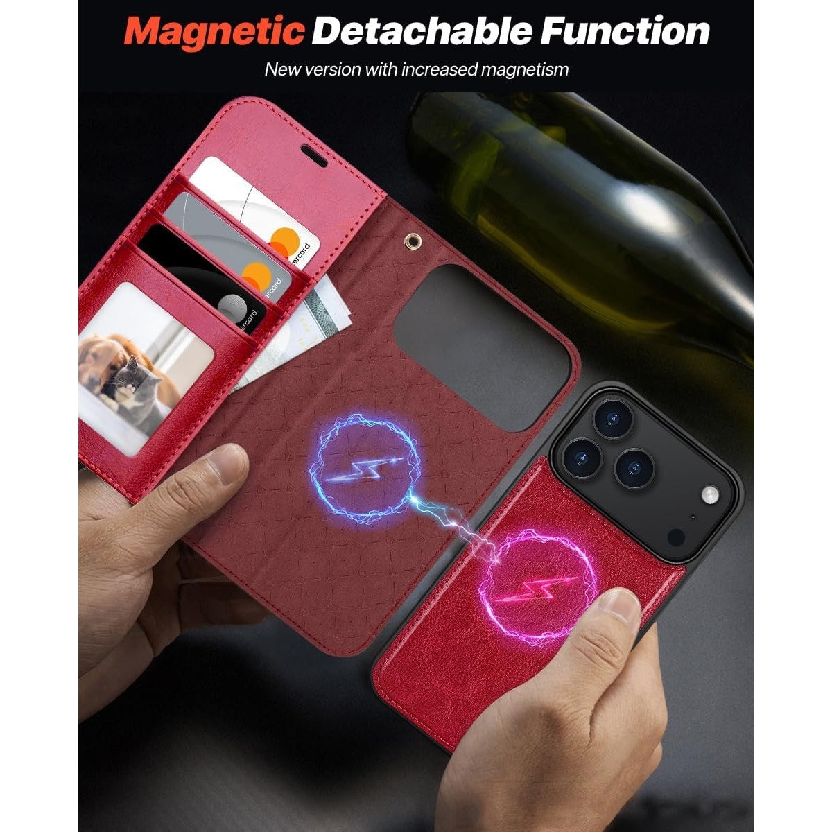 OCASE For IPhone 17 Pro Detachable Wallet Case With Card Holder, 2 In 1 PU Leather Flip Folio With RFID Blocking Stand Wrist Strap Shockproof Phone Cover 6.3 Inch 2025, Red