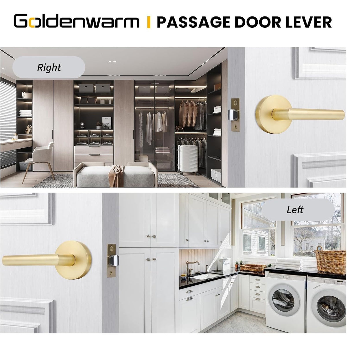 Goldenwarm Gold Closet Door Handles Interior, Brushed Brass Interior Passage Door Handles, Heavy Duty Zinc Alloy Brushed Gold Door Lever For Hall And Closet (1 Pack)
