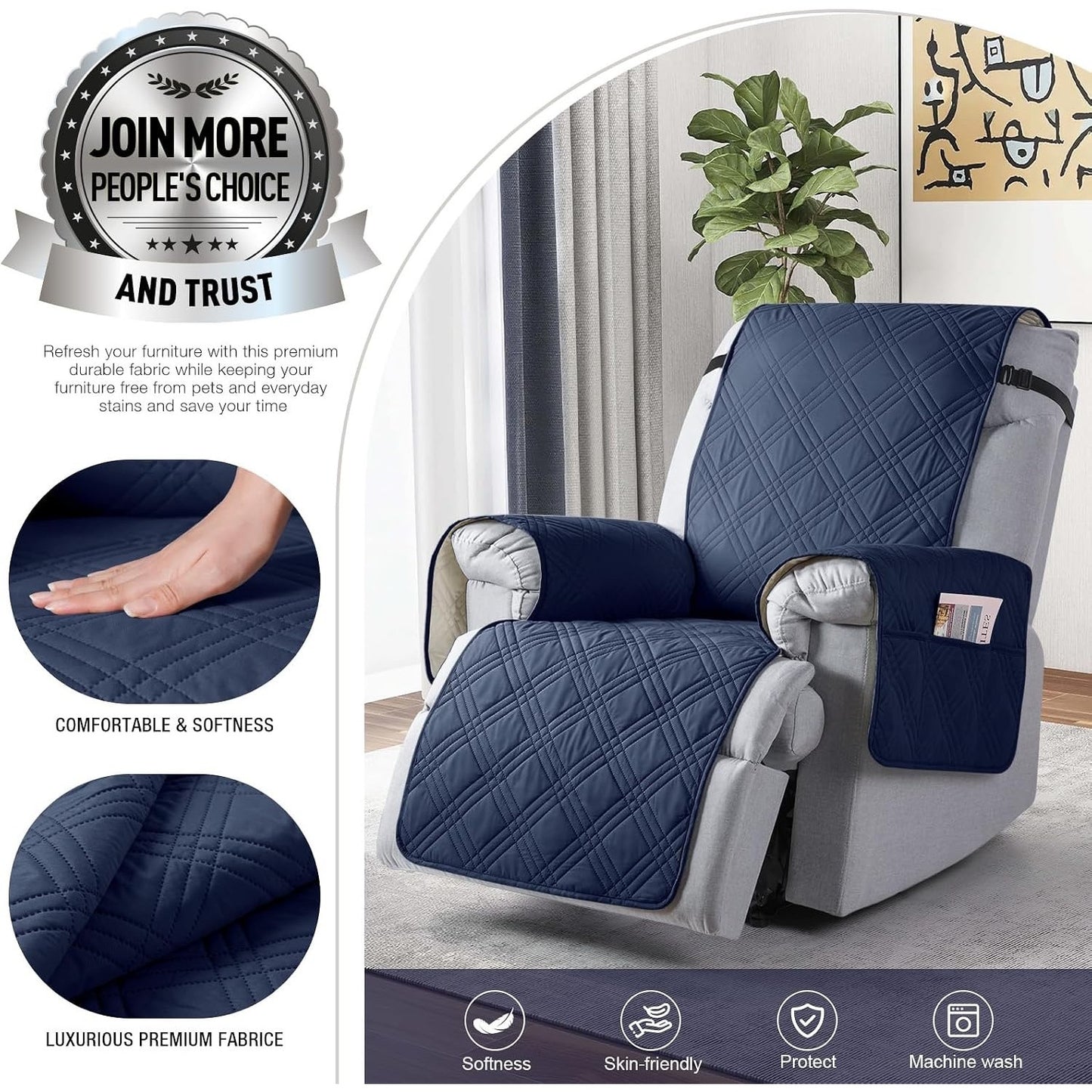 TAOCOCO 100% Waterproof Recliner Chair Cover, Non Slip(23.6'', Navy Blue)