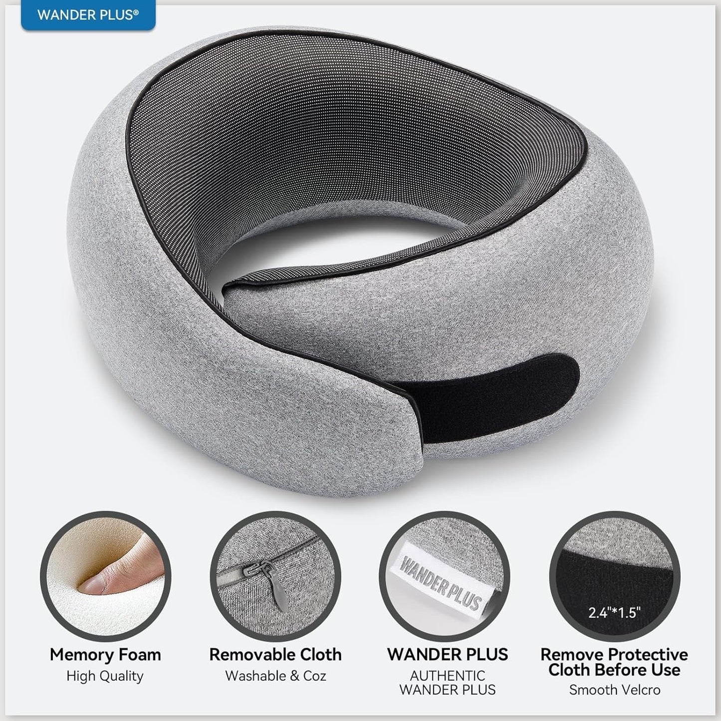 WANDER PLUS Travel Neck Pillow, Pure Memory Foam Neck Pillow For Airplanes-Grey