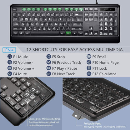 KOPJIPPOM Large Print Backlit Keyboard, USB Wired Computer Keyboard, Full Size Keyboard With White Illuminated LED Compatible For Windows Desktop, Laptop, PC, Gaming, Black