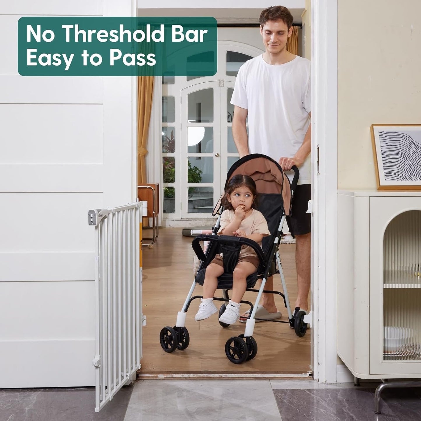Babelio Baby Gate For Stairs, Kitchen & Doorways, 26-43" W 28" H No Bottom Bar| Easy Installation| One-Handed Operation| Auto-Close| Hardware Mount (Drill Needed) Safety Dog/Pet Gate Indoor (White)