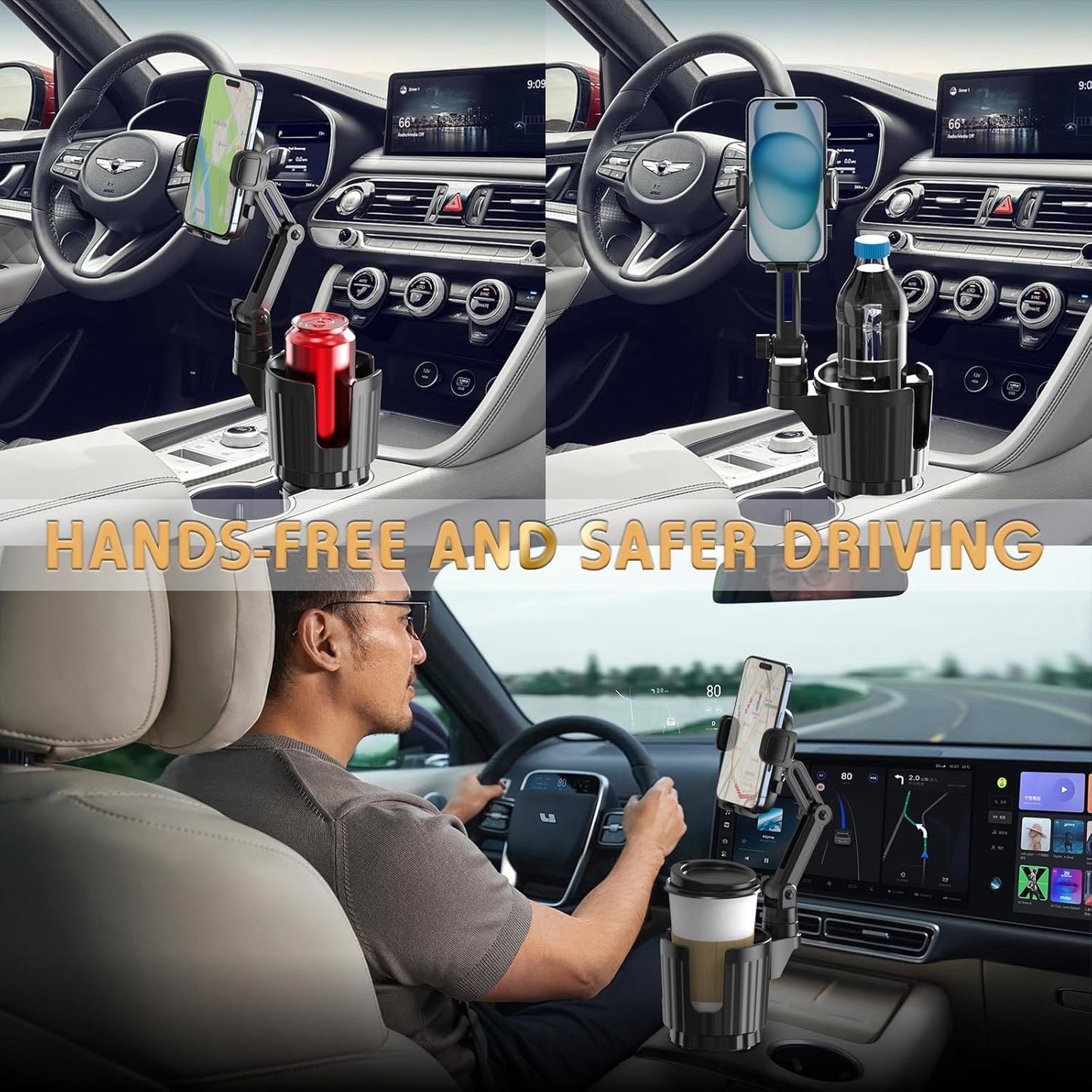 Phone Holders For Your Car, 2 In 1 Universal Cup Holder ExpanderAdjustable-Black