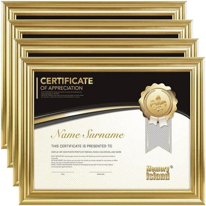 Memory Island 8.5x11 Diploma Document Frames,Real Glass Fronts, 4 Pack GOLD
